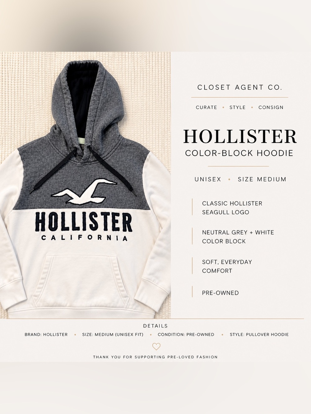 Hollister Grey & White Color-Block Pullover Hoodie
